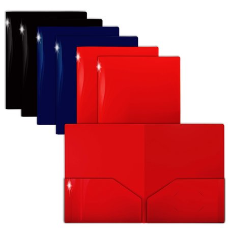 GOLD SEAL 2 Pkt Plastic Extra Heavyweight Folders Portfolio, High Sheen Finish, Red, Blue, Black, 12PK 86399